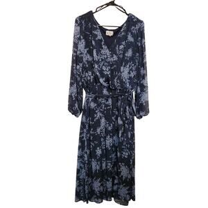 Premier Amour Navy Blue Floral Long Sleeve Faux Wrap Belted Maxi Dress Size 14